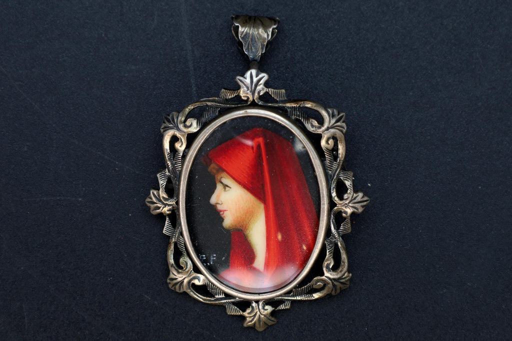 Saint Fabiola Of Rome, Antique 800 Silver Brooch Pin With A Hand Painted Religious Icon Medaillon, Italy 925 Silver Braided Chain Jewelry