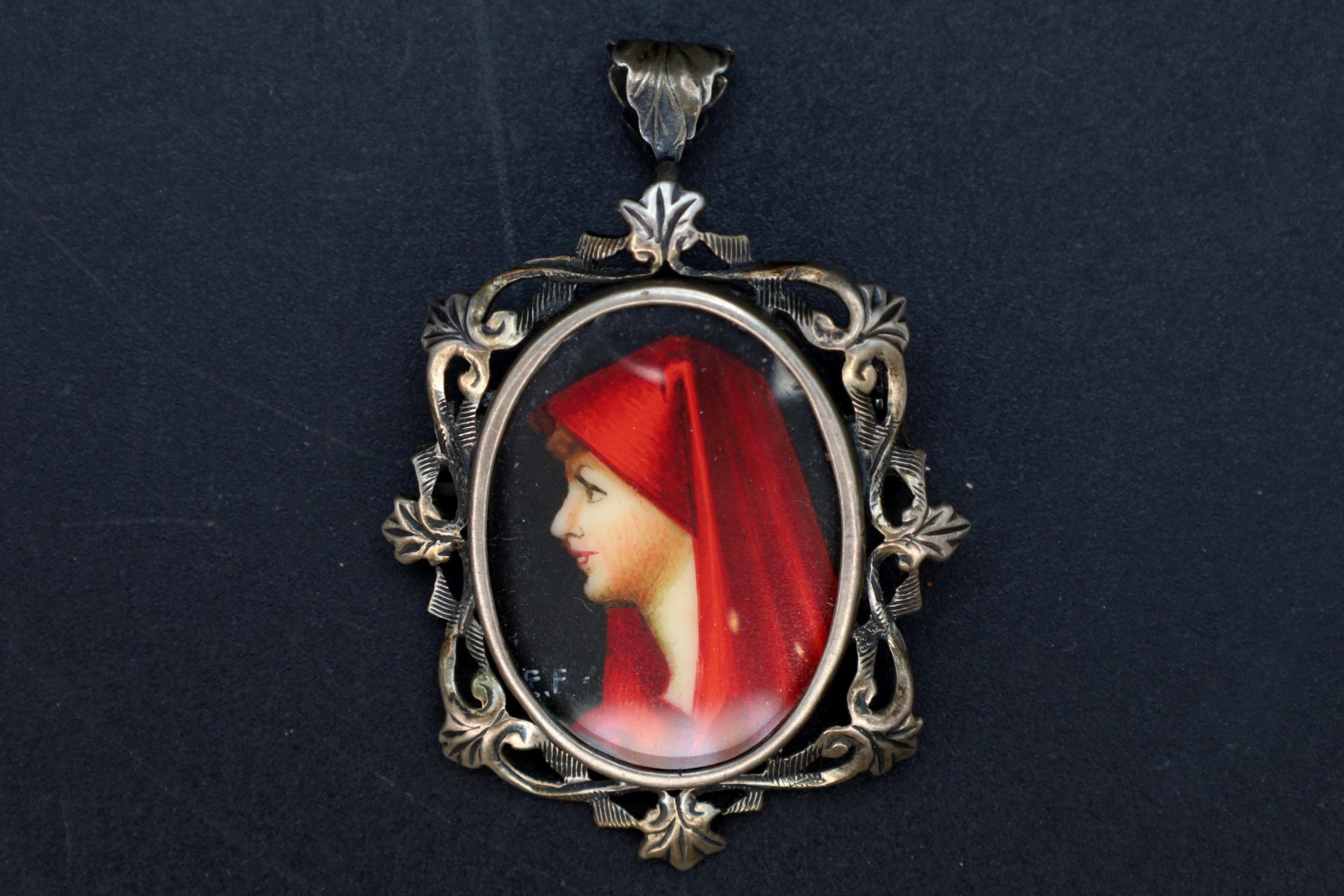 Saint Fabiola Of Rome, Antique 800 Silver Brooch Pin With A Hand Painted Religious Icon Medaillon, Italy 925 Silver Braided Chain Jewelry