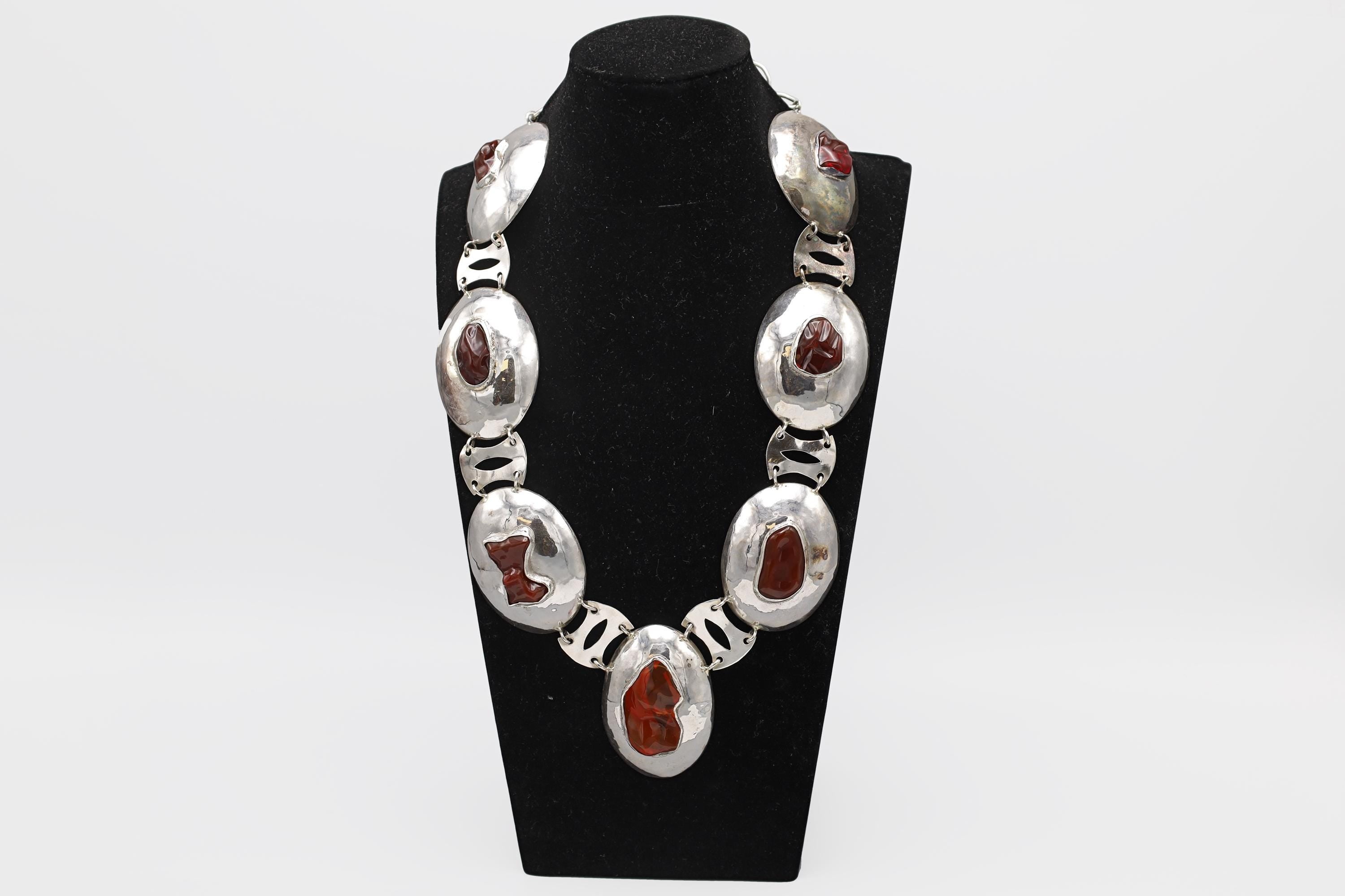 Vintage 1990s, Artisan Handmade Jewelry Piece, 925 Silver Southwestern Americana Massive Statement Necklace, Concho Necklace With Faux Amber
