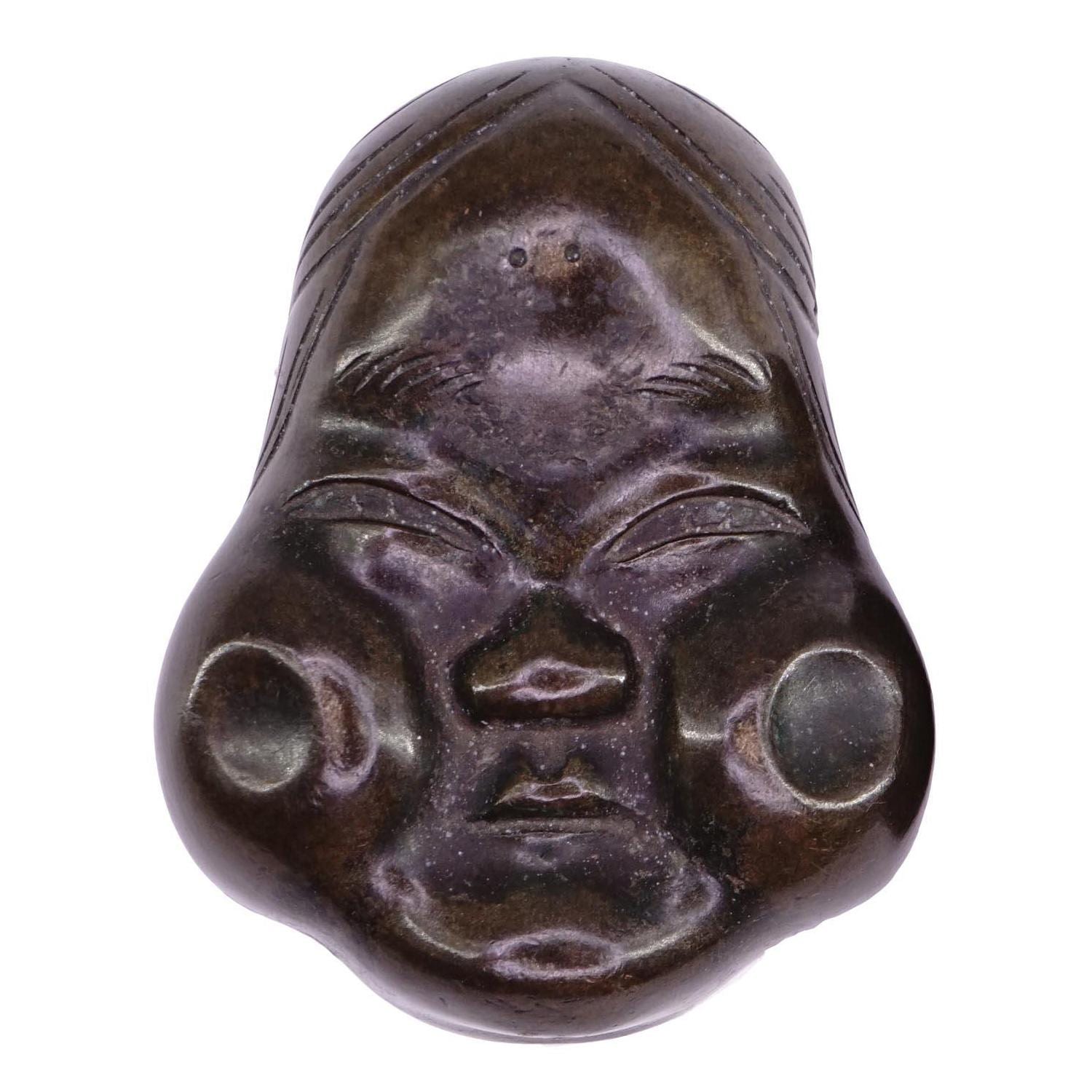 Antique Early 20th Century Taisho Era Japan Decorative Wall Hanging Mask. Okame Otafuku Bronze Miniature Figure On Art Deco Wooden Frame