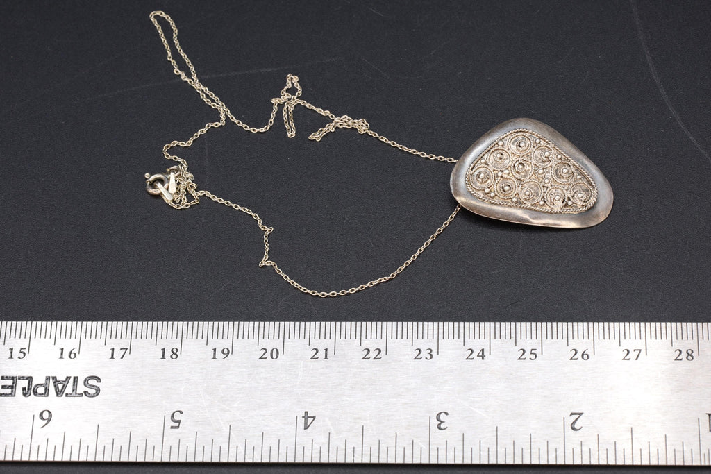 Vintage 1950s Israel Jewelry, 925 Sterling Silver Pendant Necklace, Cannetille Wirework, Middle East Judaica Fashion Accessories
