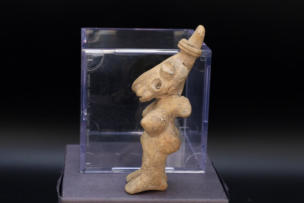 Ancient Pre Columbian Jalisco Pottery Female Standing Figure With Long Head, Dated As Between 300 BCE to 300 AD, Mexican Mesoamerica Art