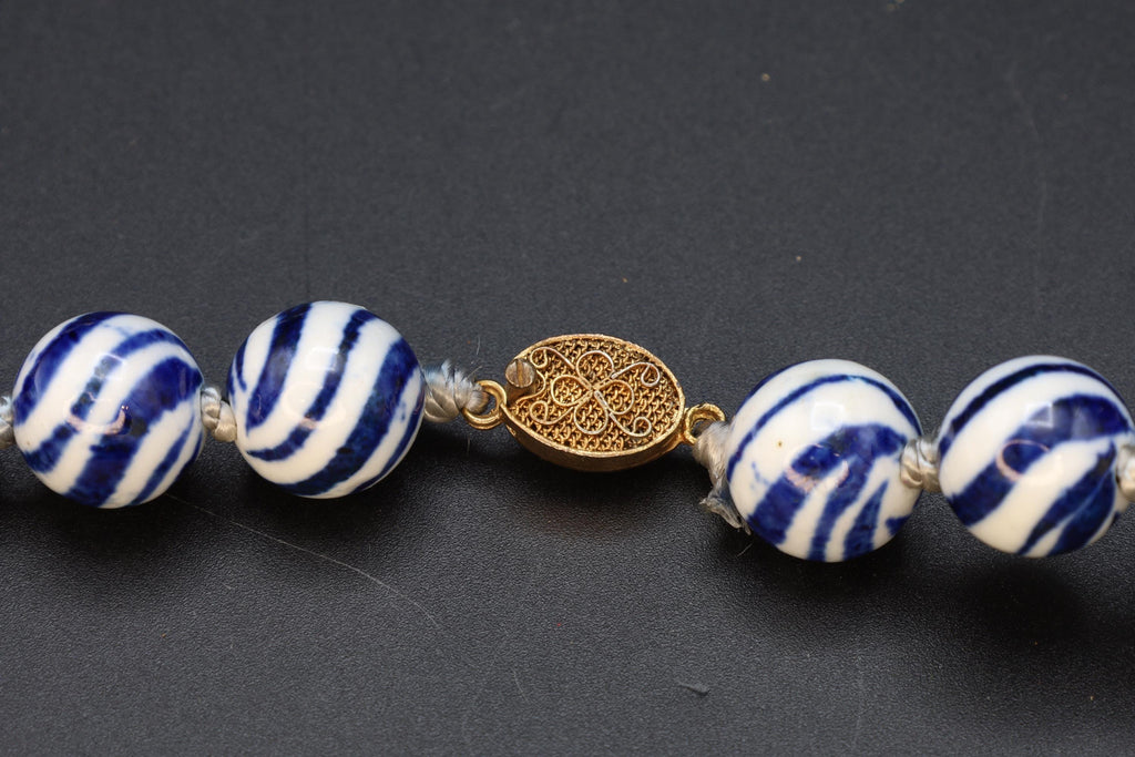 Art Deco Porcelain Beaded Necklace With Watermelon Blue And White Ball Round Beads. Chinese Exports Circa 1930s. Hand Knotted Folk Jewelry