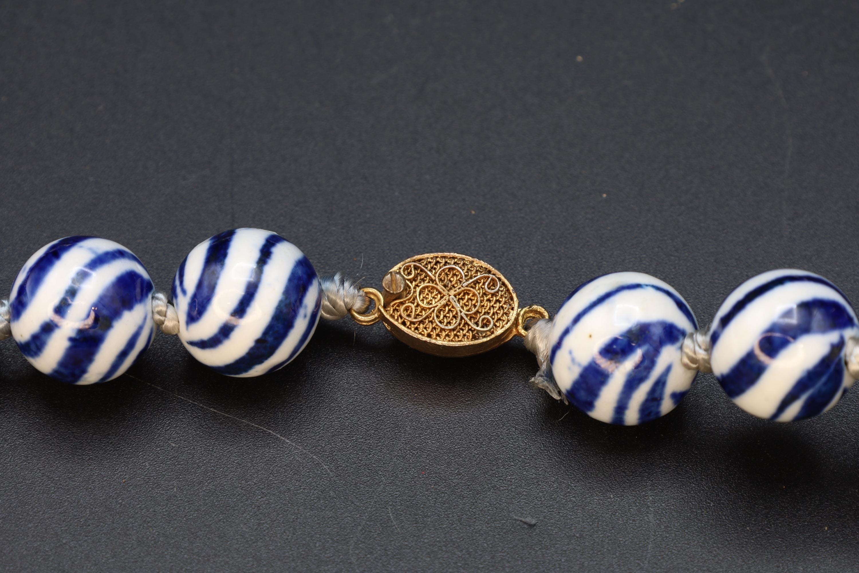 Art Deco Porcelain Beaded Necklace With Watermelon Blue And White Ball Round Beads. Chinese Exports Circa 1930s. Hand Knotted Folk Jewelry