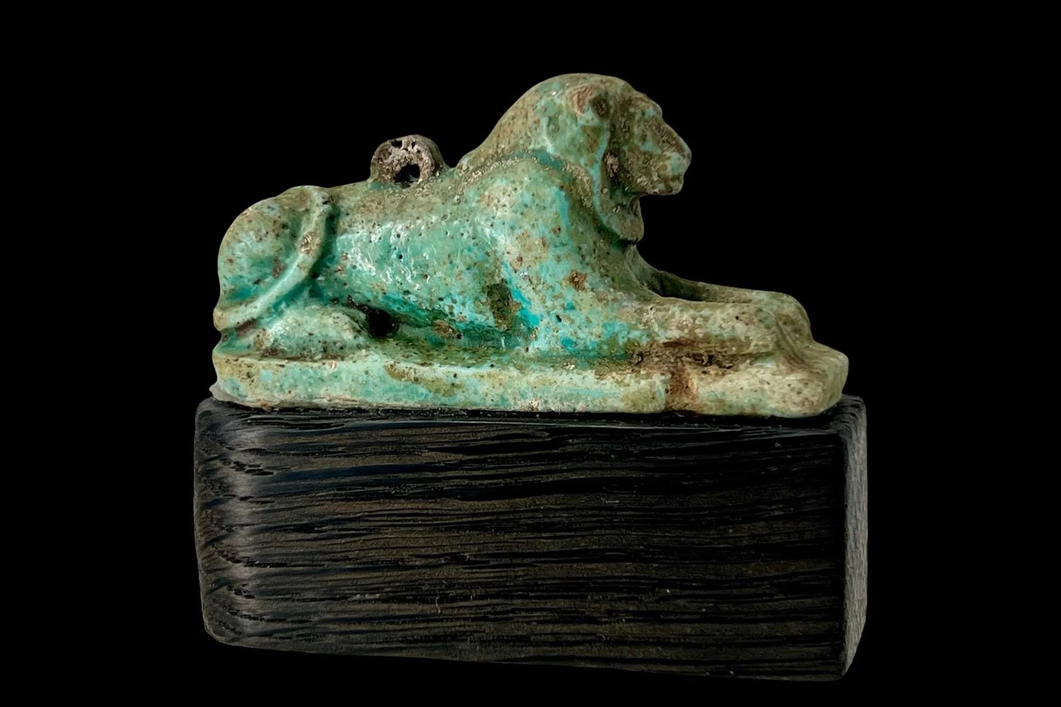 Extremely RARE, Ancient Egyptian Faience Amulet Of A Recumbent Lion Maahes, Late Dynastic Period, Circa 332 BCE. Lying As A Sphinx On Plinth