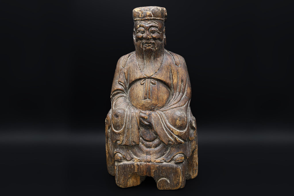 Antique 19th Century Chinese Qing Dynasty Confucian Scholar, A Carved Wood Temple Sculpture Art, Asian Folk Religions, Buddhism Decor