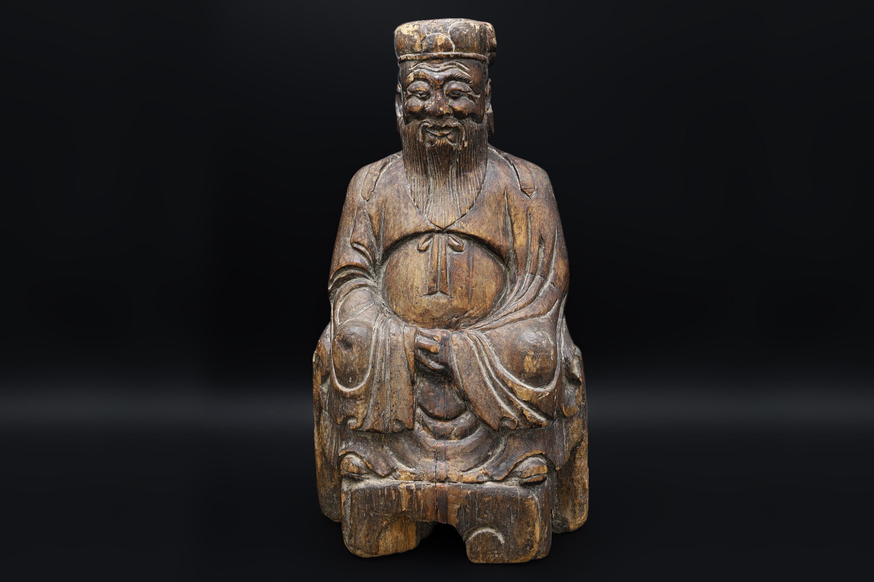 Antique 19th Century Chinese Qing Dynasty Confucian Scholar, A Carved Wood Temple Sculpture Art, Asian Folk Religions, Buddhism Decor