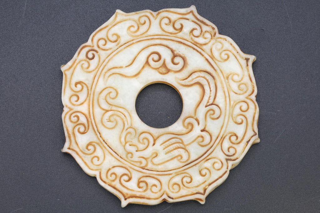 Chinese Round Amulet, Carved Stone Chilong Bi Disc Mythological Animals, Two Sided Round Pendant, Feng Shui, Oriental Asian Accessories