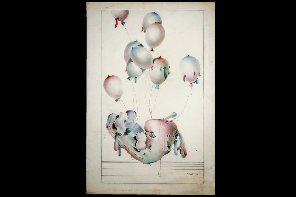 Abortion, A Hand Signed 1973 Color Pencil Drawing Painting By Antonio. Surrealism, Contemporary Artwork With Ballons