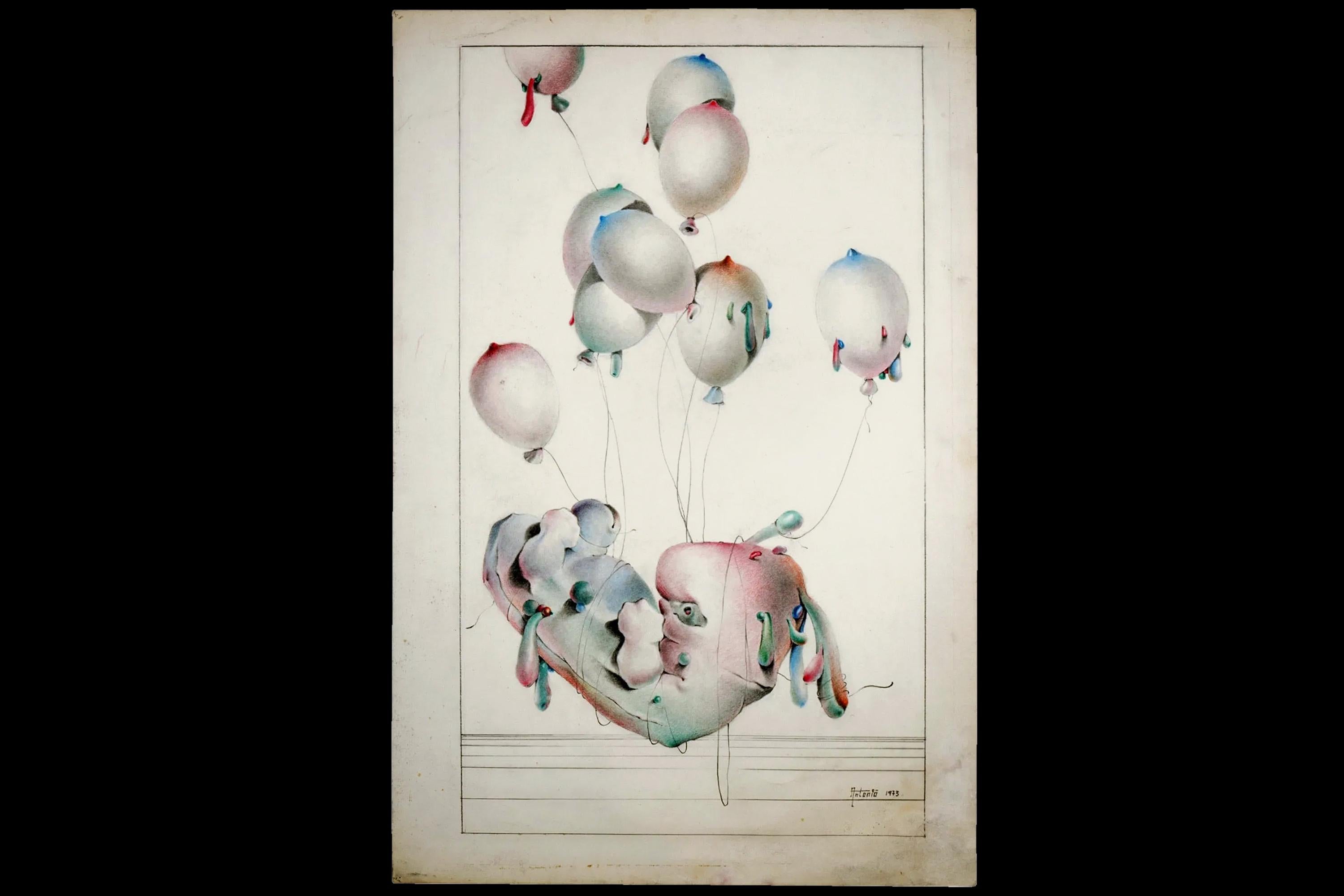 Abortion, A Hand Signed 1973 Color Pencil Drawing Painting By Antonio. Surrealism, Contemporary Artwork With Ballons