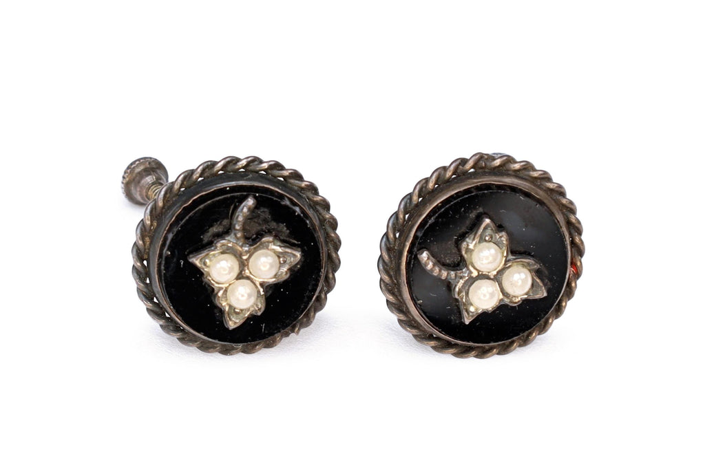 Victorian Era Jewelry, Mourning Screw Back Earrings, Round Black Onyx And Seed Pearls On Sterling Silver Settings, 19th Century Fashion