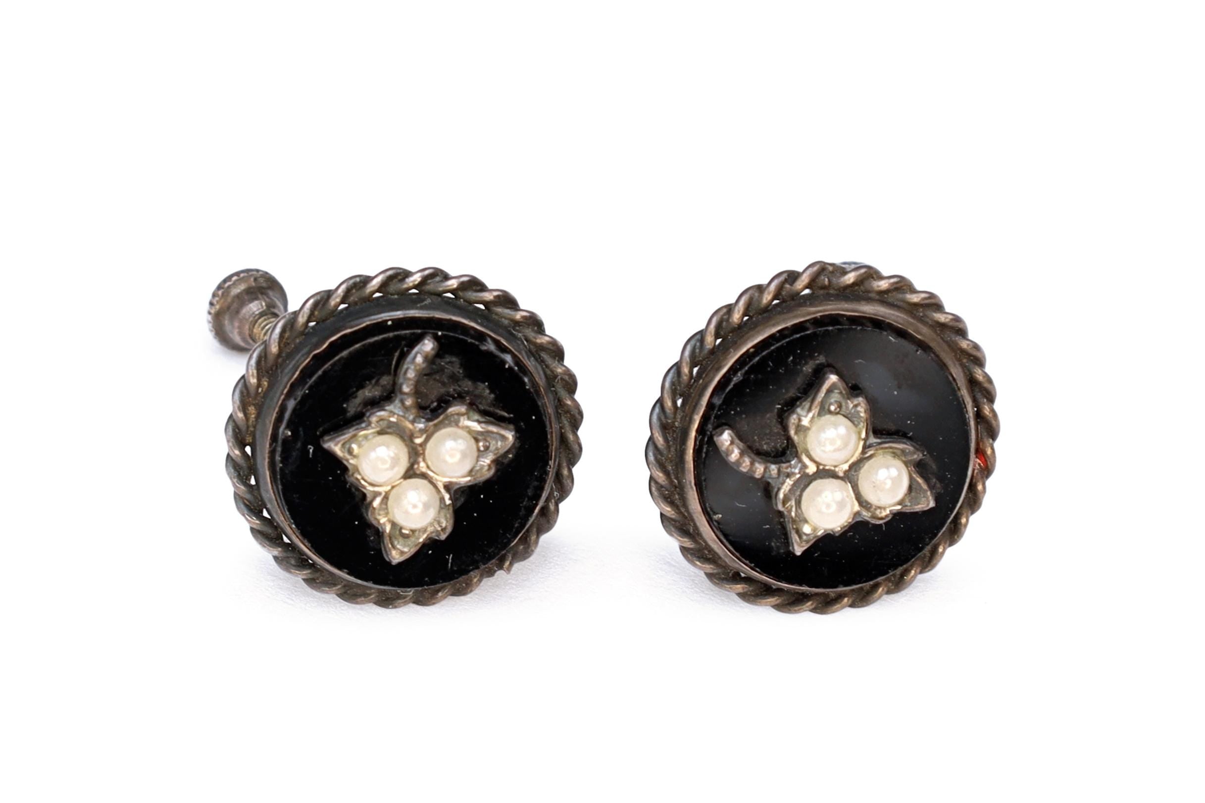 Victorian Era Jewelry, Mourning Screw Back Earrings, Round Black Onyx And Seed Pearls On Sterling Silver Settings, 19th Century Fashion