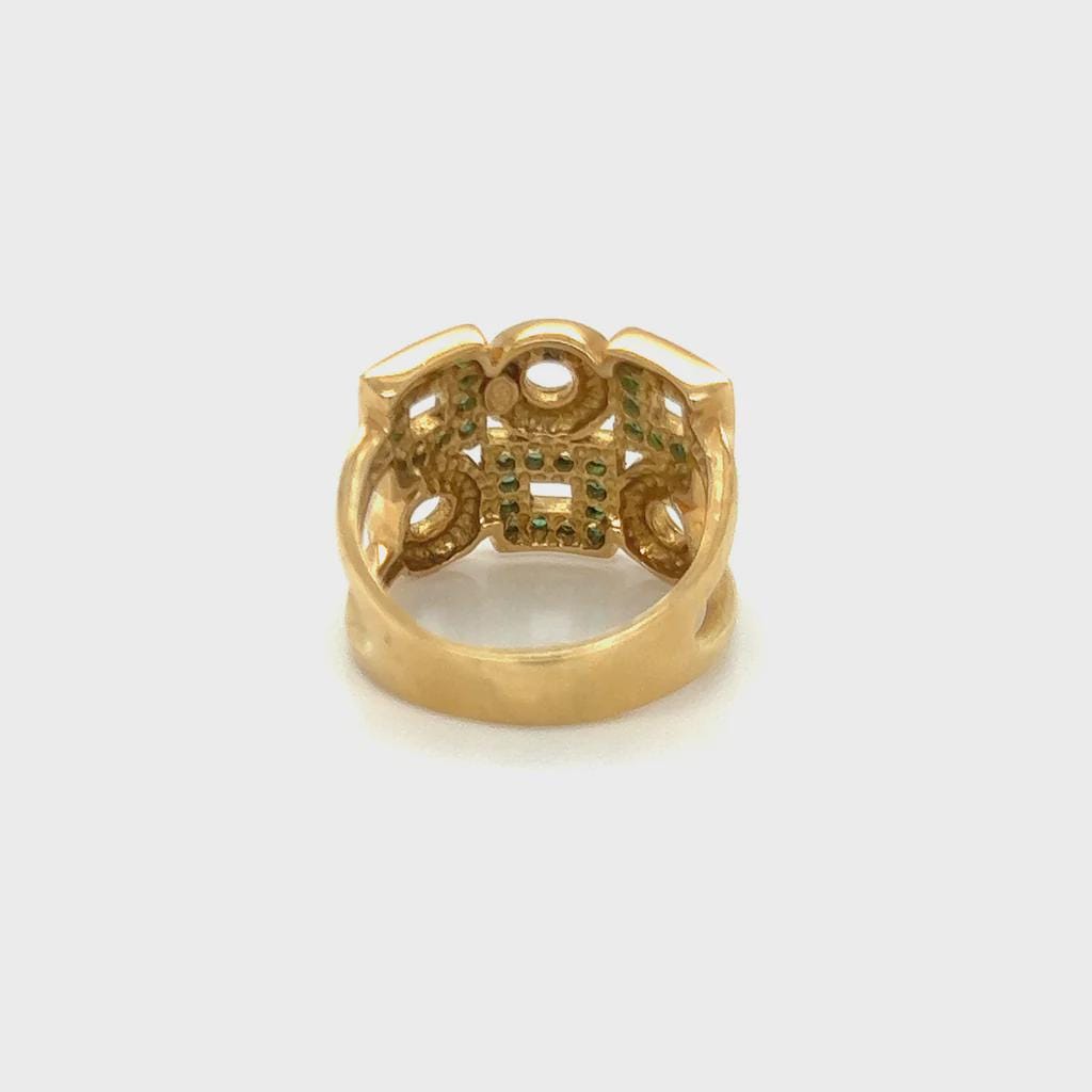 Statement Ring For Woman, 18 Karat Yellow Gold Ring Size 9 With Green Emeralds And A Geometric Design, Weight 11.30 Grams