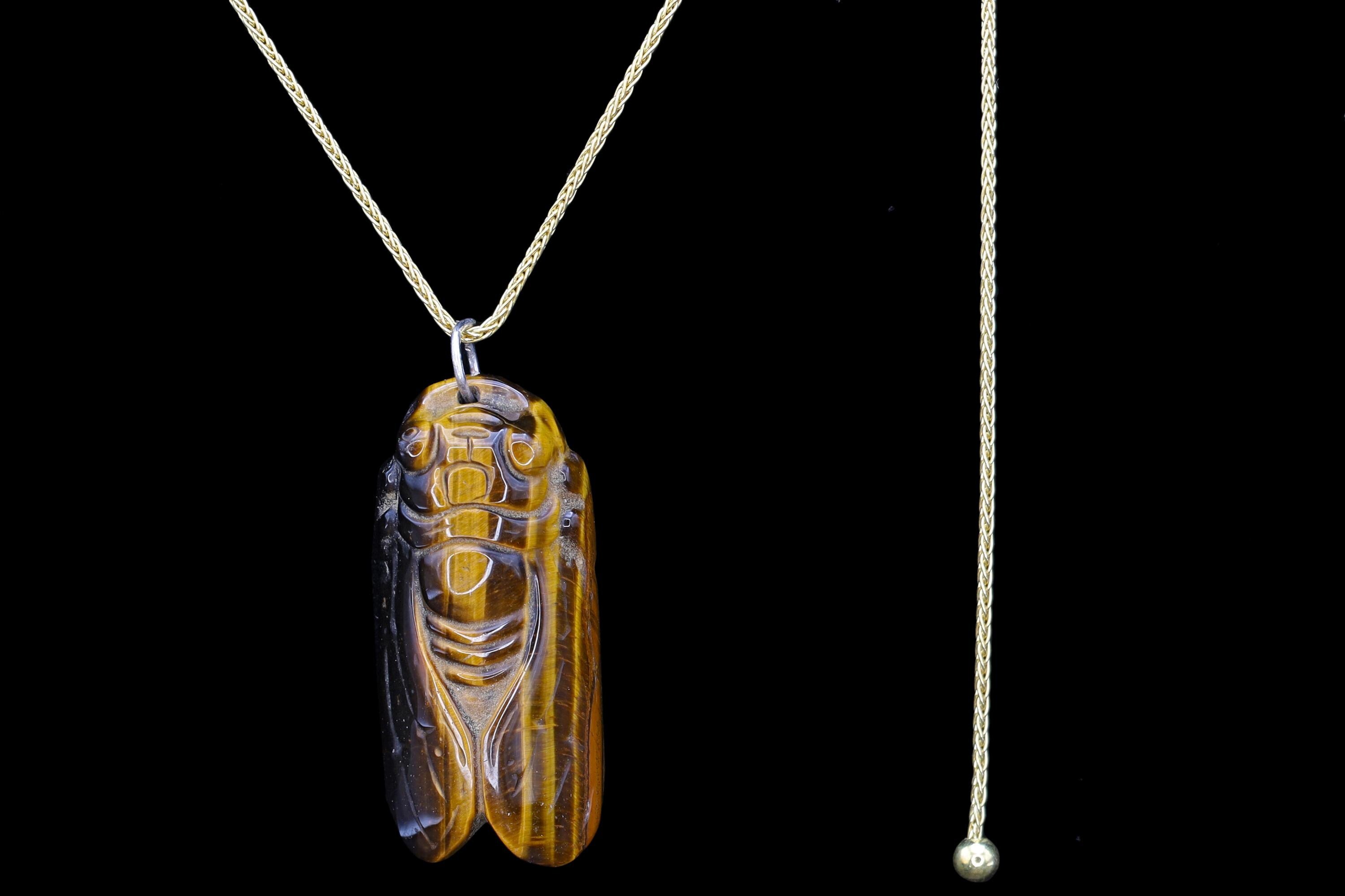 Cicada Pendant Necklace, A Carved Tigers Eye Gemstone With A Gold Vermeil Lariat Chain, Asian Oriental Jewelry, Immortality, Rebirth Symbols