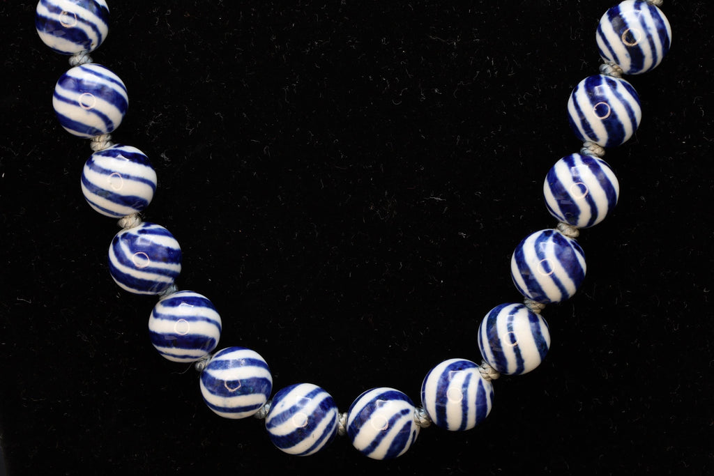 Art Deco Porcelain Beaded Necklace With Watermelon Blue And White Ball Round Beads. Chinese Exports Circa 1930s. Hand Knotted Folk Jewelry