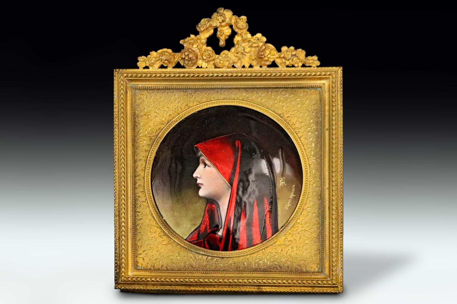 Saint Fabiola Of Rome, Antique 19th Century French Limoges Enamel On Copper Plaque Painting On An 1880s Frame. Hand Signed