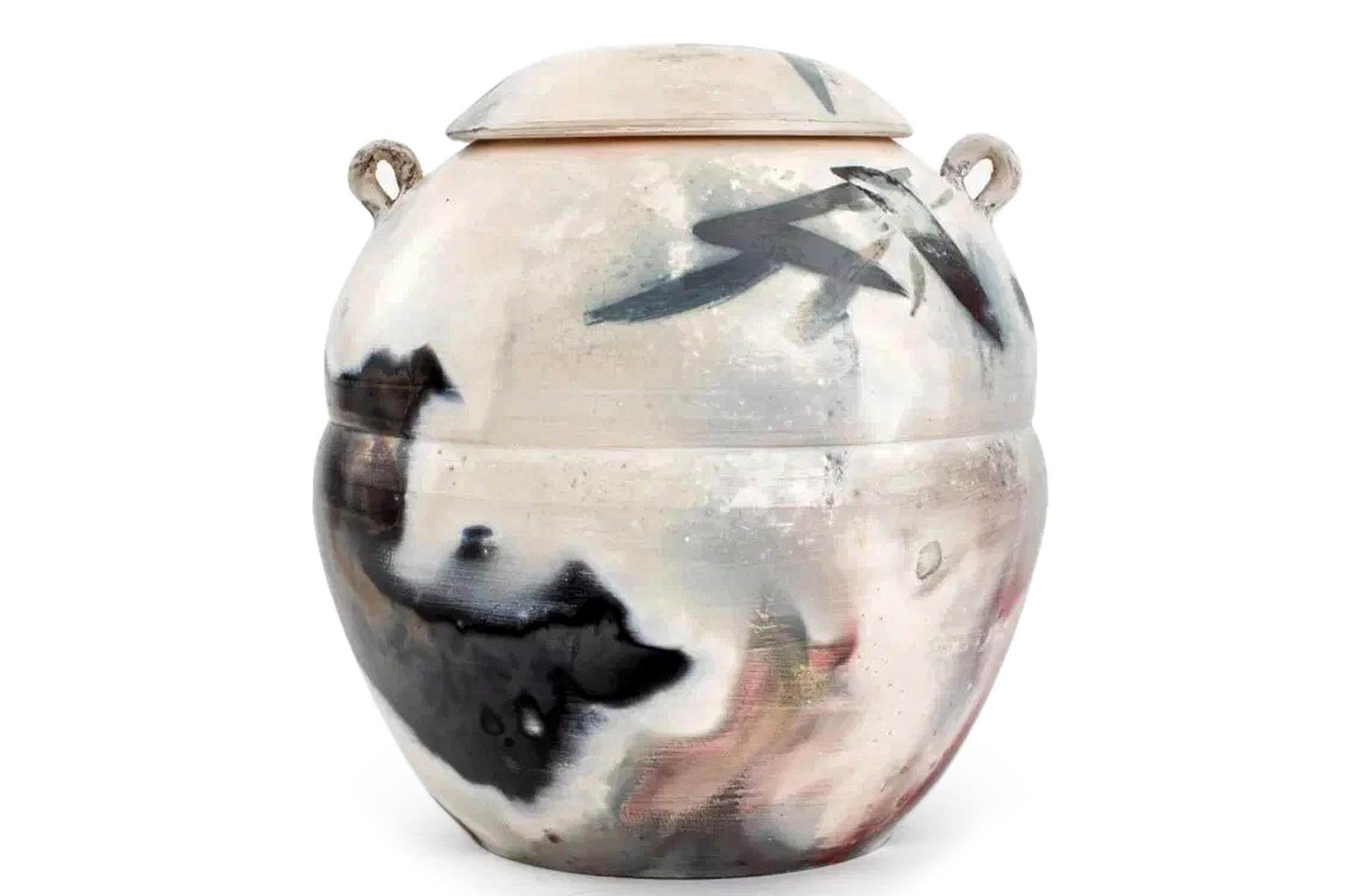 Andre Namenek, Abstract Contemporary Design Art Pottery Covered Jar, 1989 Signed. A Round Brutalist Modernist Jar With White And Blue Glaze
