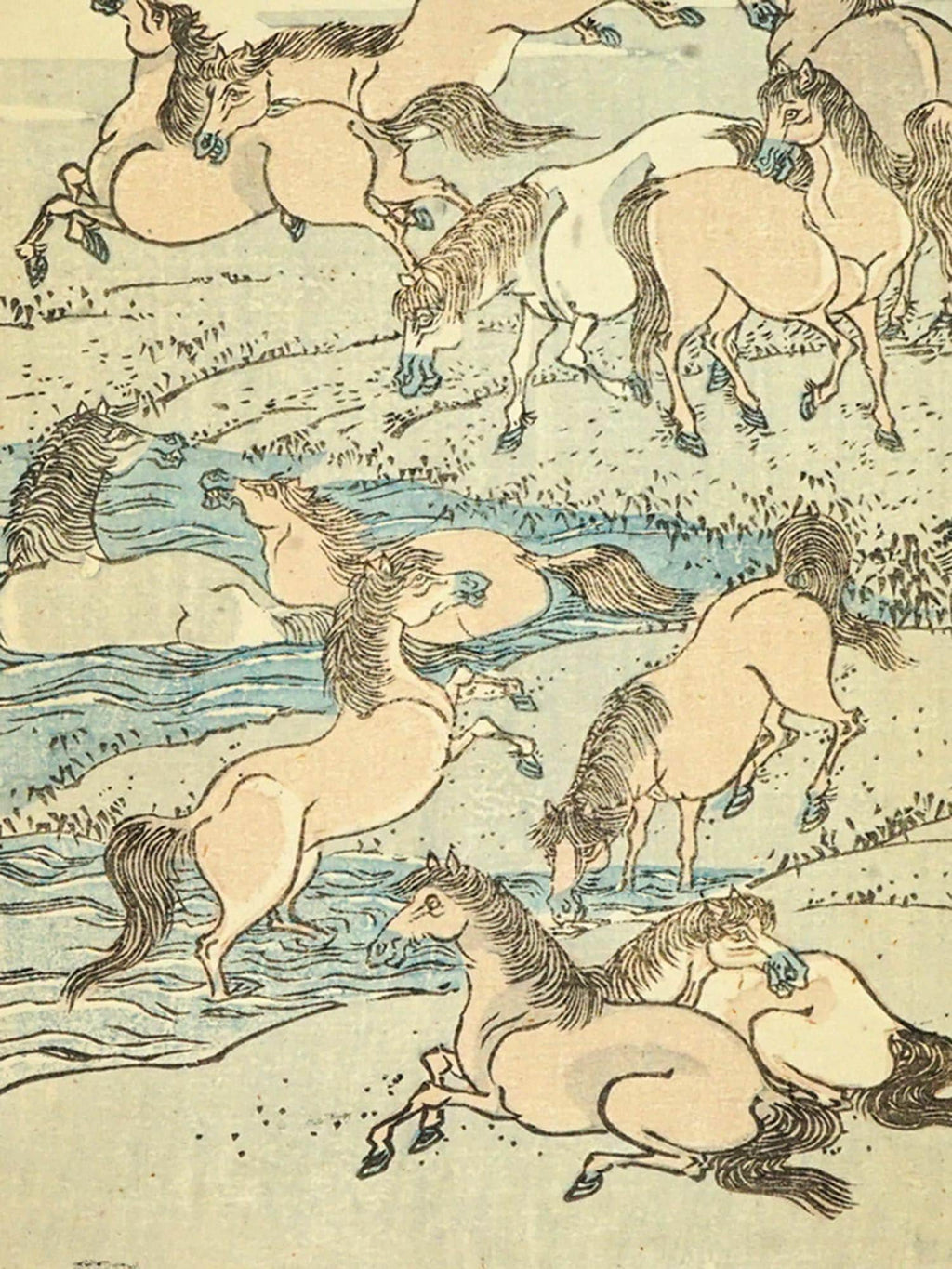 Katsushika Hokusai, Late 18th Century Woodblock Art Print, Wild Horses On The River From The Gafu Album, Japanese Ukiyo-e Book Pages