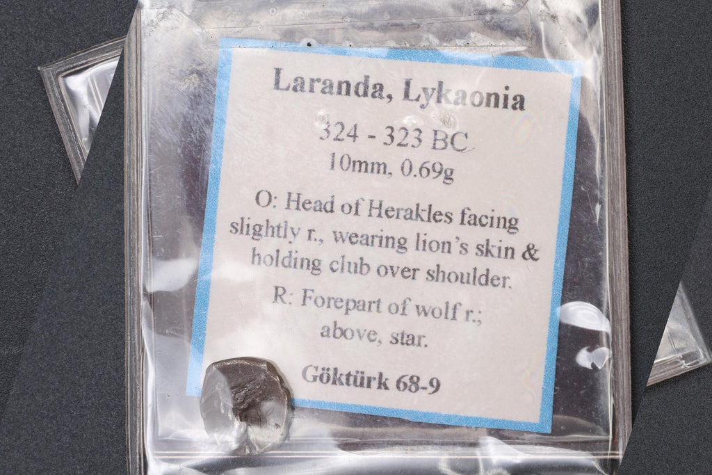 City Of Laranda Lycaonia, Greek Silver Obol Coin, 323 BCE, Herakles With Nemean Lion Skin, Wolf Running, Ancient Collectibles Numismatics