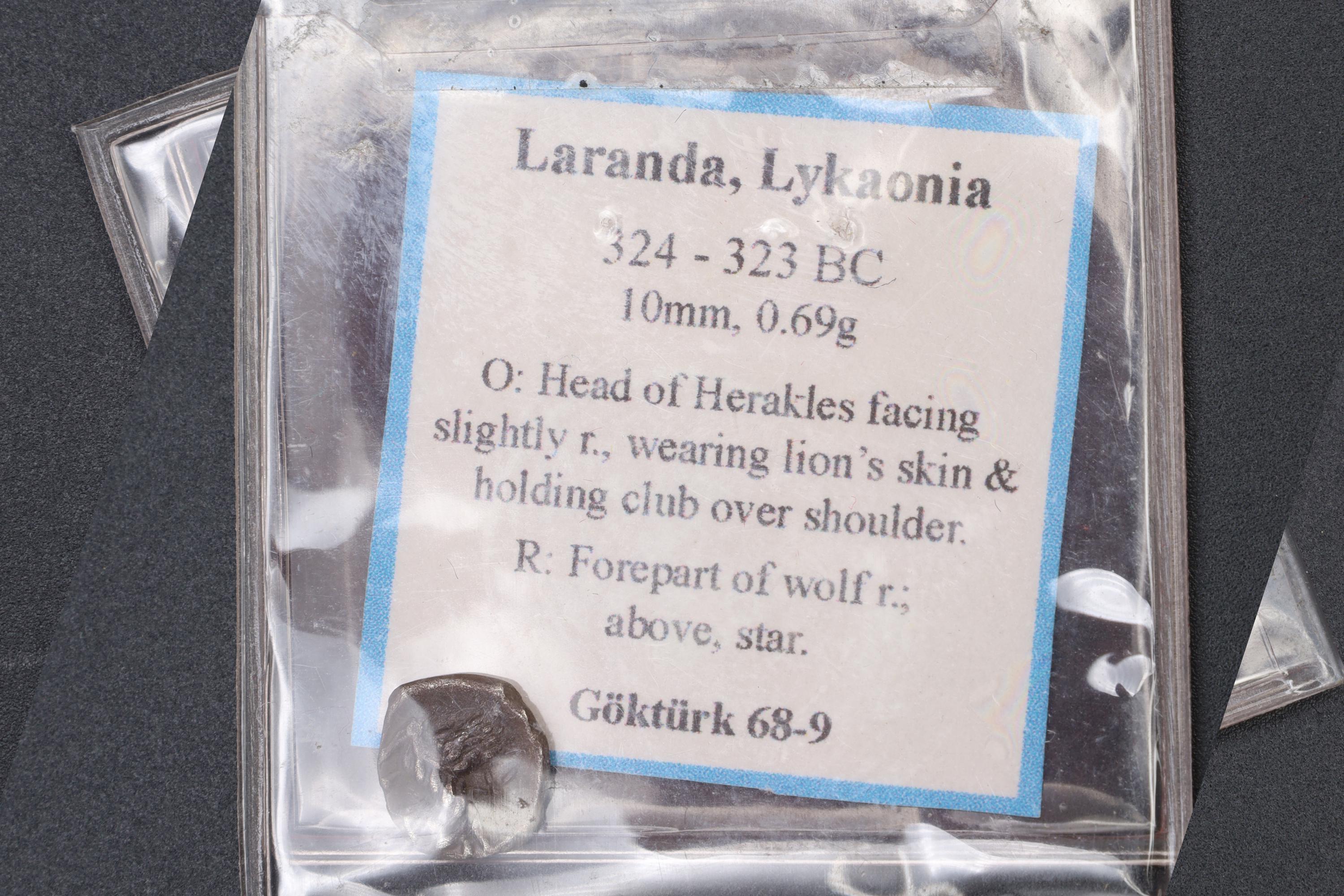 City Of Laranda Lycaonia, Greek Silver Obol Coin, 323 BCE, Herakles With Nemean Lion Skin, Wolf Running, Ancient Collectibles Numismatics