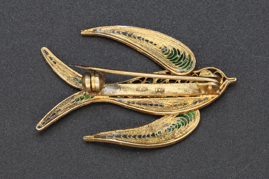 Swallow Bird Brooch, 1940s Italy Genova 78 Bragagnolo Manlio, Signed Hallmarks Italian Jewelry, 800 Silver Plique au Jour Enamel Filigree