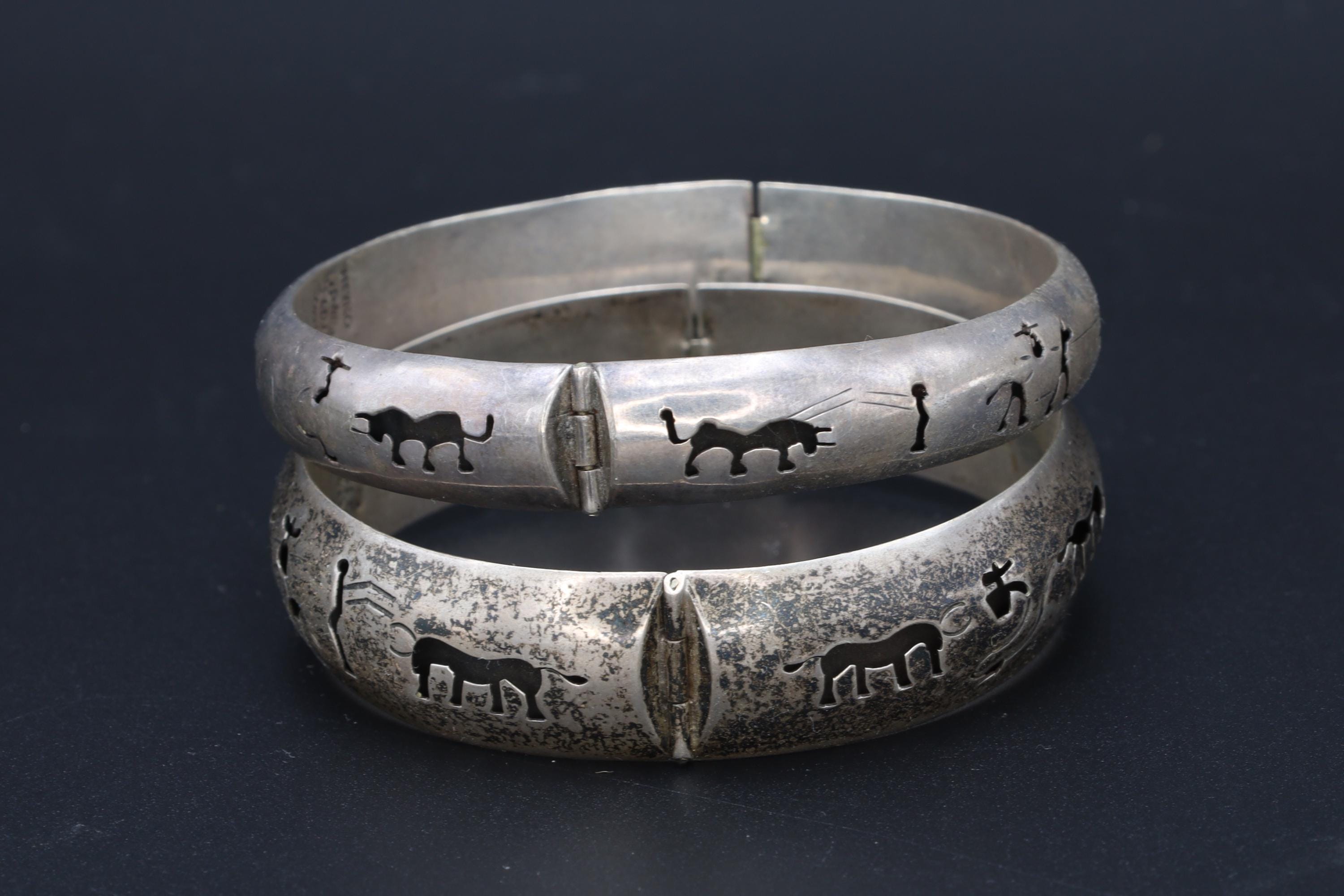 Taxco Mexico, FarFan FF And LCJ Bracelets, A Pair Of Sterling Silver Bangle With Matador Motifs, Bull Fighting, Modernist Jewlery, Art Deco