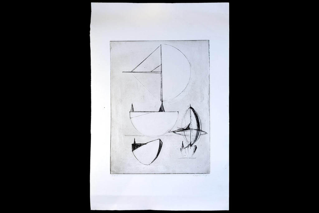 Italian Futurism Artwork By Carlo MO, Hand Signed 1980s Art Etching, Project Of Modernist Sculpture, Rare Artist Proof Copy Piece