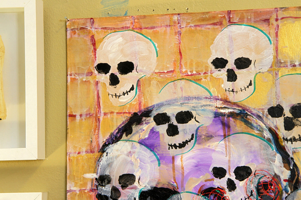 Pop Art Paintings Mixed Media Art On Paper, A Gothic Chorus of Monks in a Postmodernist Cathedral, Colorful Acrylic Painting on Paper