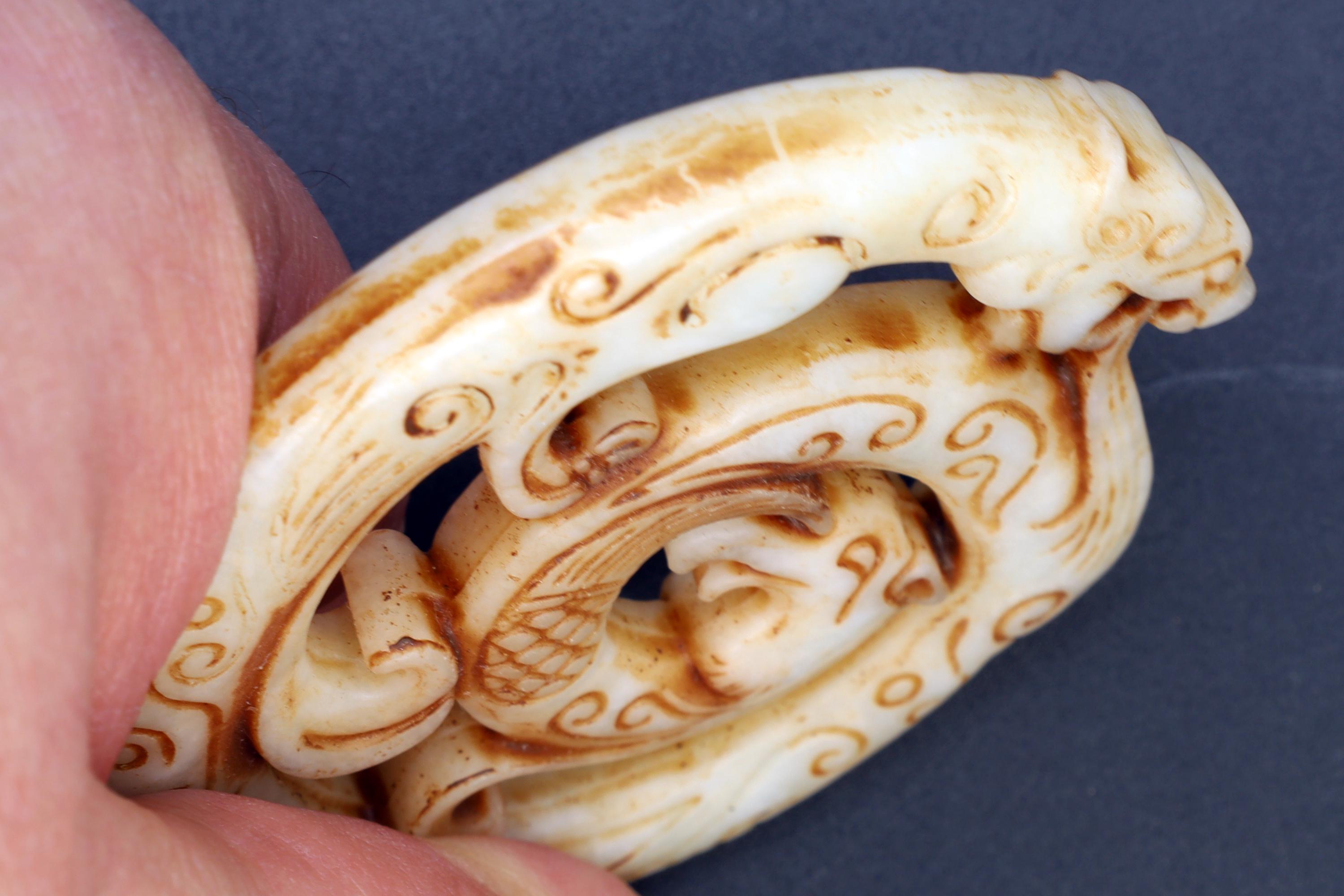 Chinese Round Amulet, Carved Stone Dragon And Phoenix Mythological Animals, Two Sided Round Pendant, Feng Shui, Oriental Asian Accessories