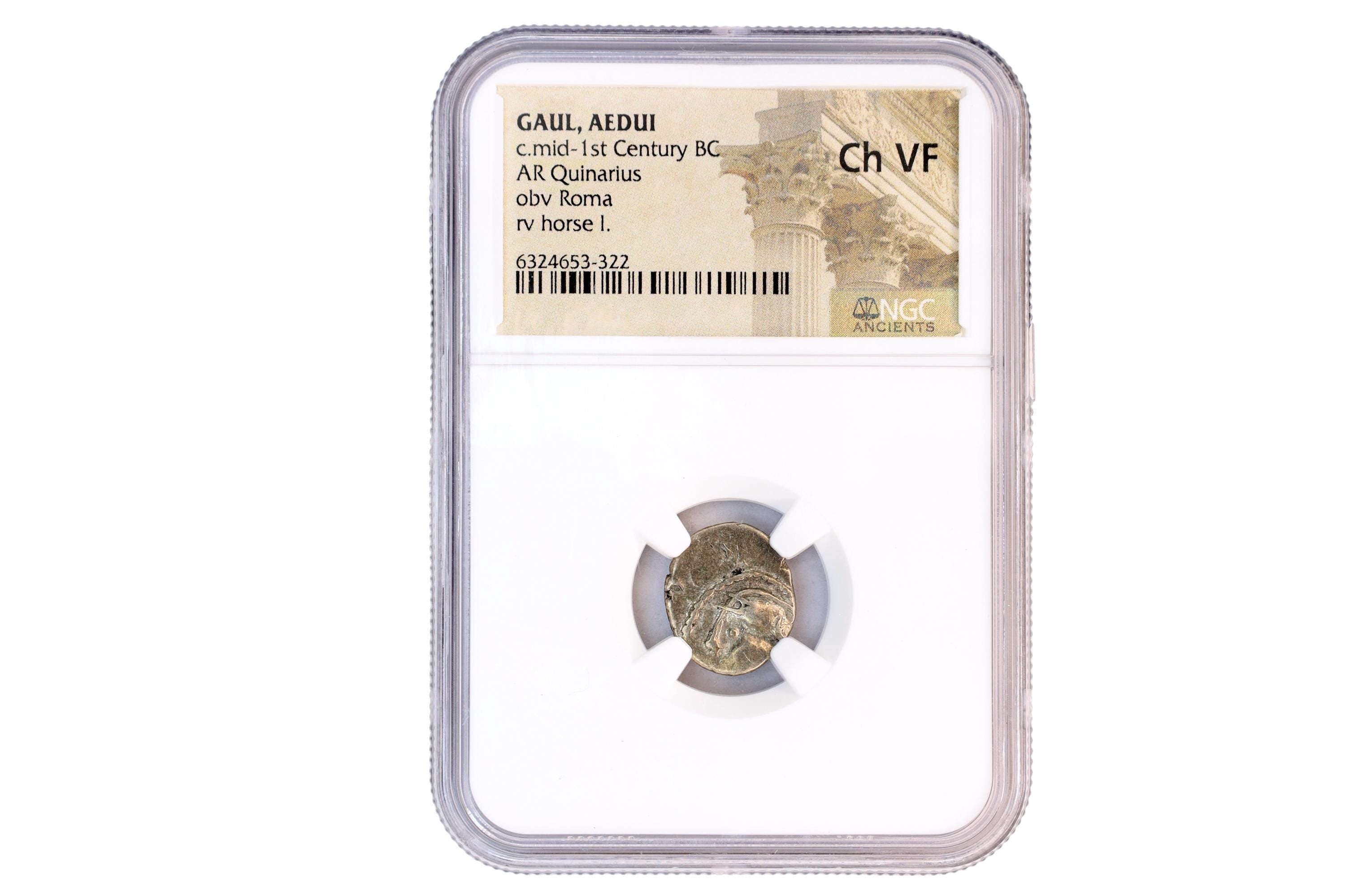 Gallia Celtica, Aedui Gaul Mid Of The 1st Century BCE, AR Quinarius Silver Coin Ch Vf Certified In NGC Case, Helmeted Head Of Roma And Horse