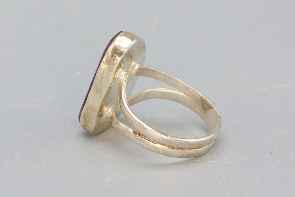 Ring For Woman Size 8.75, Sterling Silver With Lavender Drusy Quartz And A Faceted Amethyst, Avant Garde Modern Jewelry