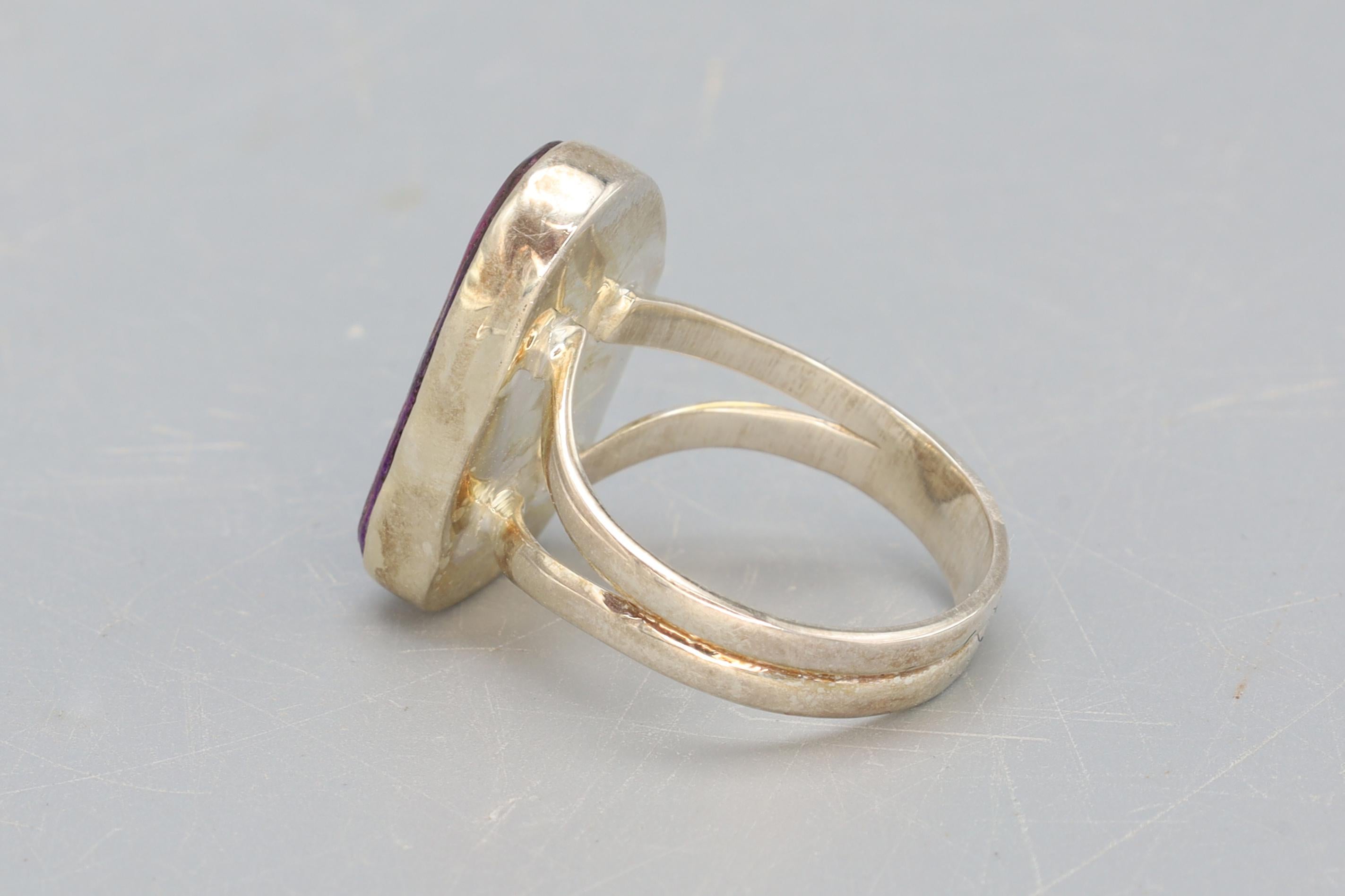 Ring For Woman Size 8.75, Sterling Silver With Lavender Drusy Quartz And A Faceted Amethyst, Avant Garde Modern Jewelry