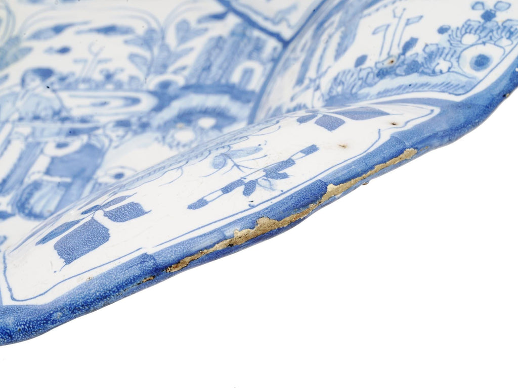 Antique 17th Century Kraak Ceramics, Large Blue And White Charger Plate With Lobulated Design, Germany Circa 1680s In A Chinoiserie Style