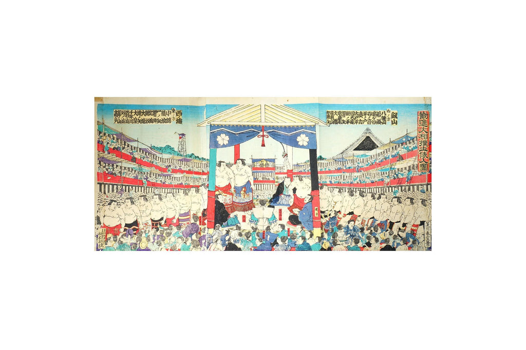 Antique 1870s Triptych Of Ukiyo-e Color Woodblock Print By Harunobu Hishikawa, Sumo Tournament, Triptych Panels Set, Asian Arts