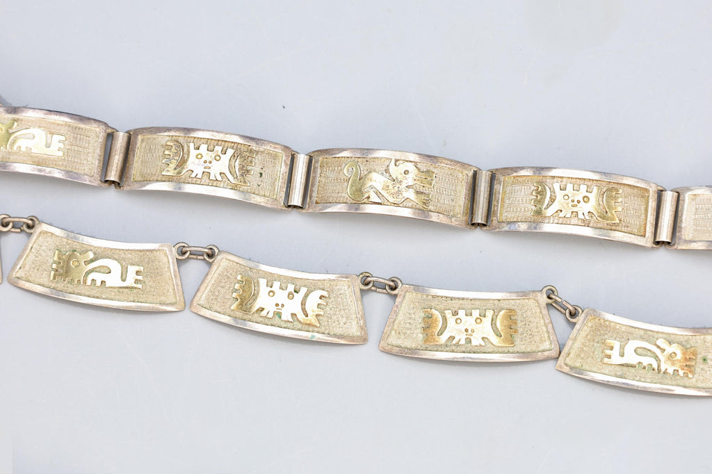 Vintage 1950s Jewelry Set, Inca Quechua 900 Silver And 18 karat Yellow Gold With Hallmarks, Necklace And Bracelet, Art Deco Fashion