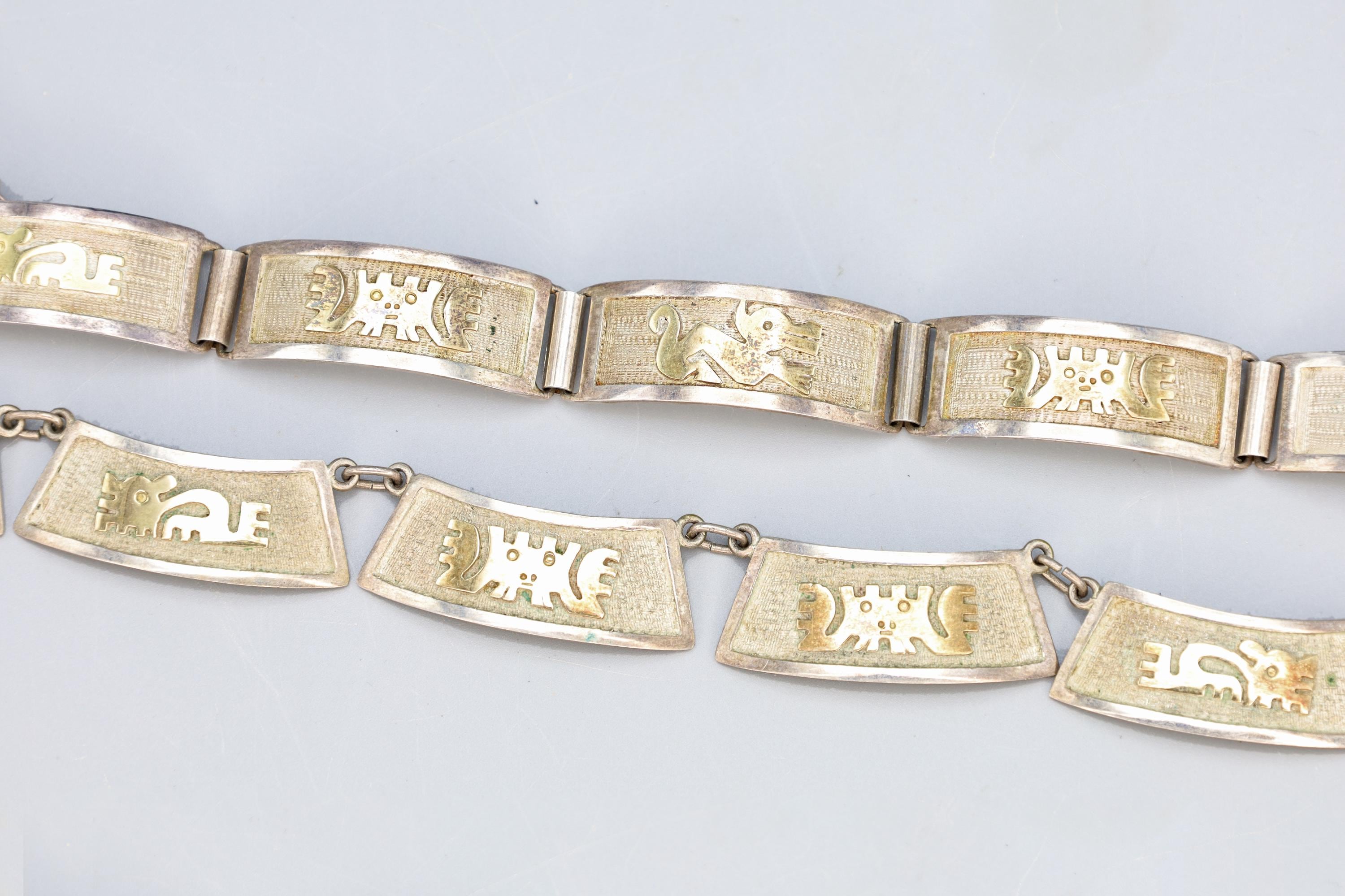 Vintage 1950s Jewelry Set, Inca Quechua 900 Silver And 18 karat Yellow Gold With Hallmarks, Necklace And Bracelet, Art Deco Fashion