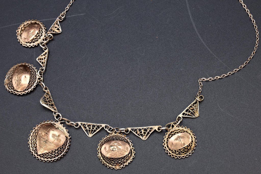 Art Deco Egypt Bib Necklace, 900 Silver And Rose Gold Wash, Filigree Wirework Medallions, Middle East And North African Fashion Accessories