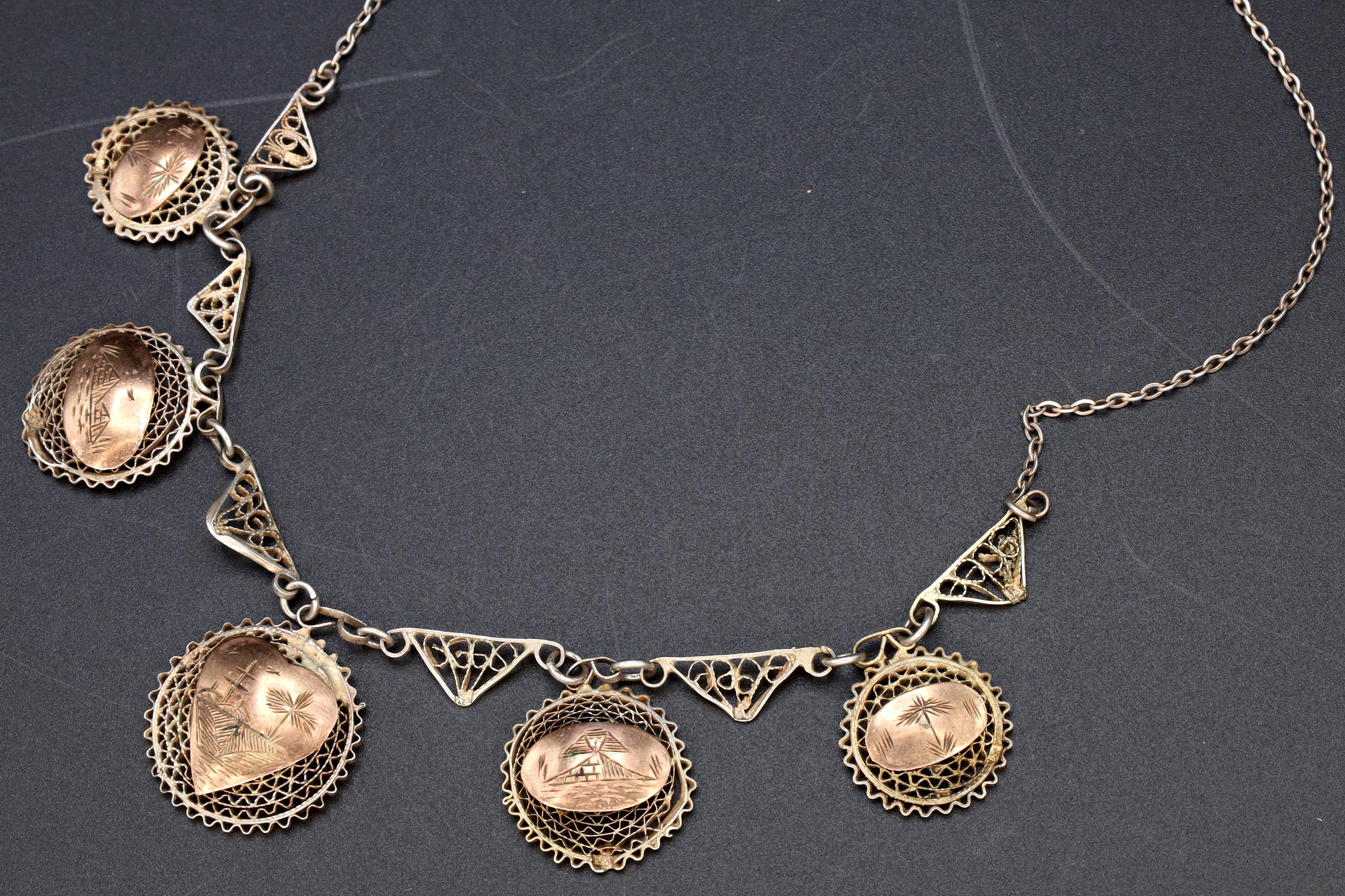 Art Deco Egypt Bib Necklace, 900 Silver And Rose Gold Wash, Filigree Wirework Medallions, Middle East And North African Fashion Accessories