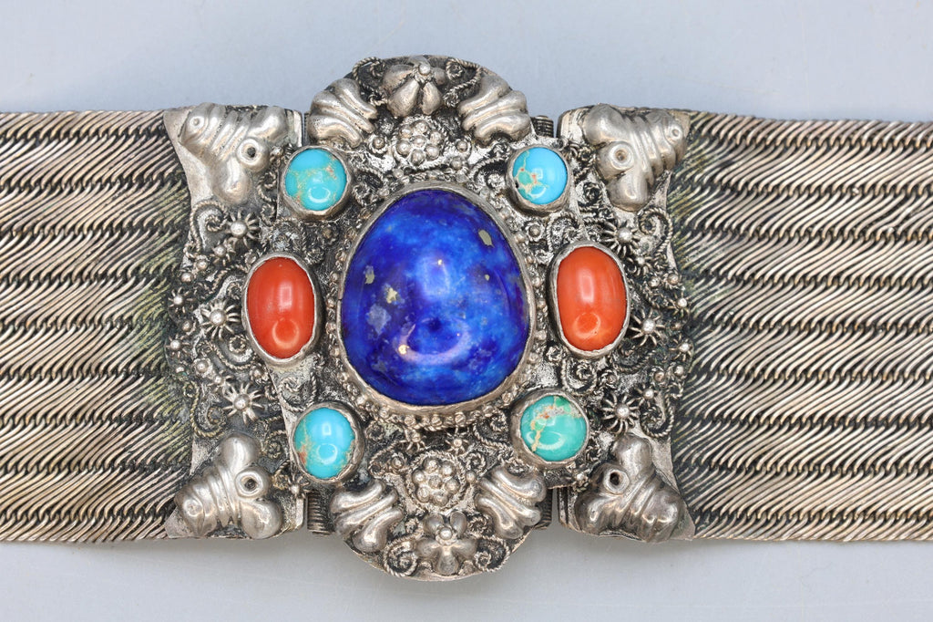 Vintage 1980s Southwestern Americana Jewelry, Wide Sterling Mesh And Gemstones Bracelet