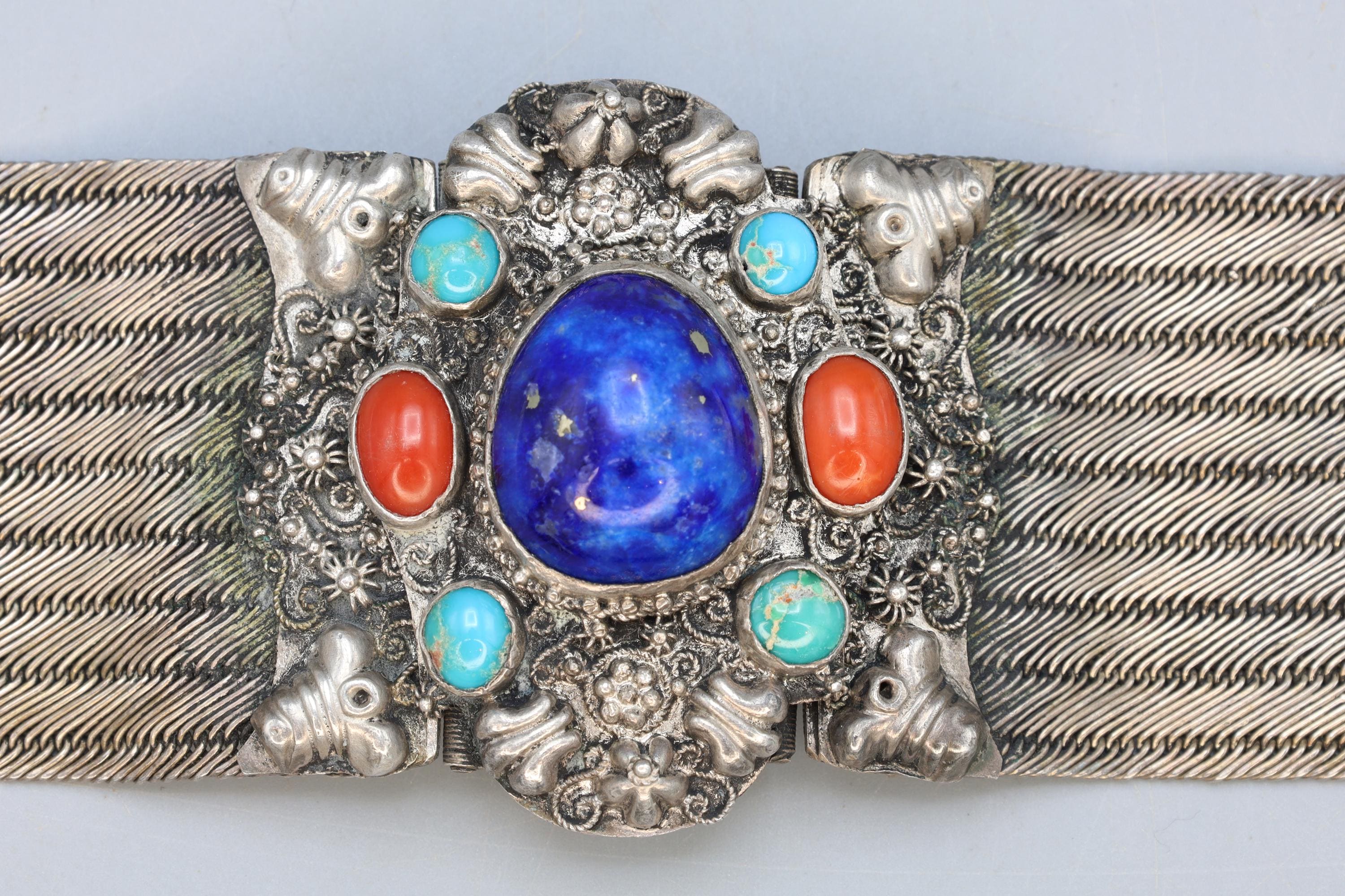 Vintage 1980s Southwestern Americana Jewelry, Wide Sterling Mesh And Gemstones Bracelet