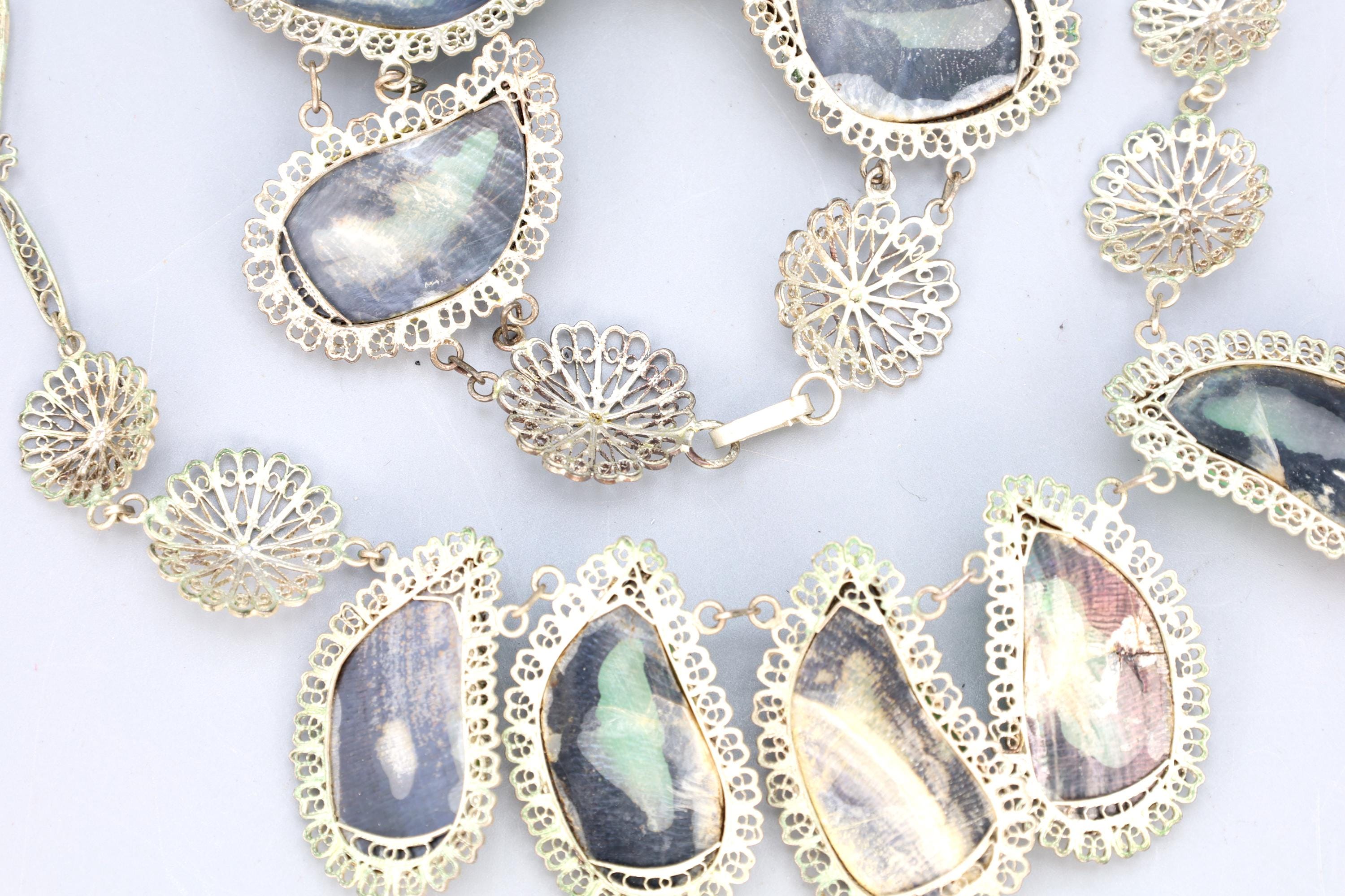 SUPER RARE, Art Deco Jewelry Set, Necklace, Bracelet And Earrings, Portuguese 800 Silver And Mussels Shells, Wirework Cannetille Ca 1930s