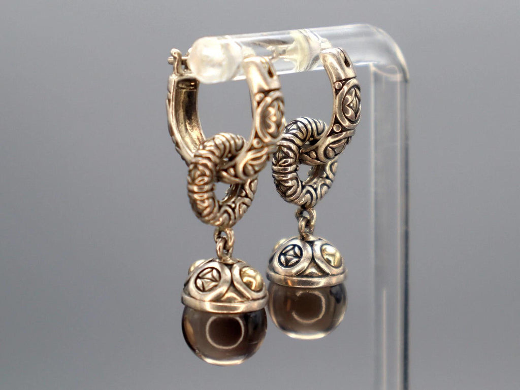 Vintage Jewelry, A 925 Sterling And 14 karats Yellow Gold Earrings, Round Smoky Quartz Ball Accent, Dangle Hook Earrings