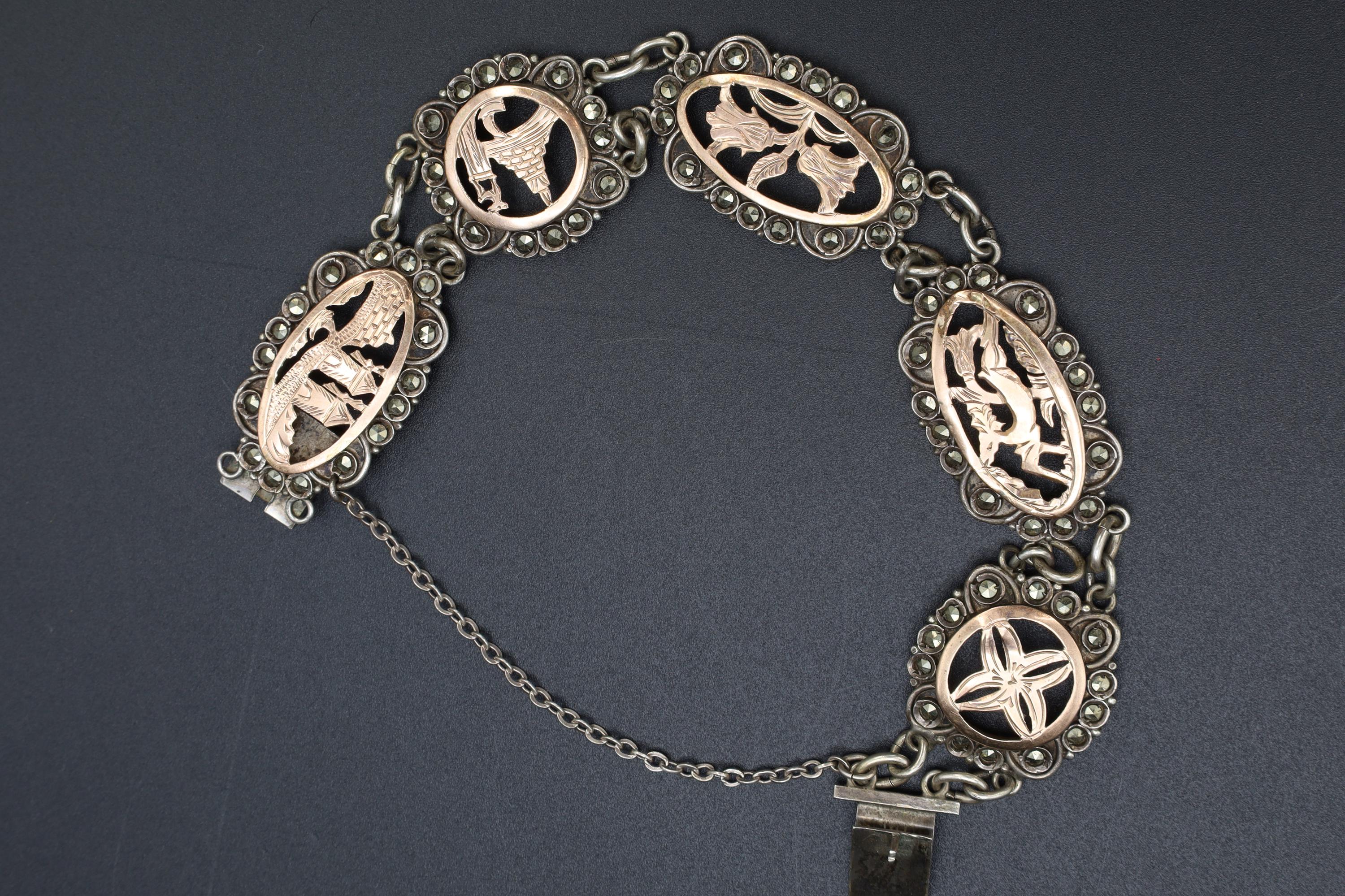 Art Deco Panel Bracelet, 900 Silver And Rose Gold. Greek Jewelry From The Mid Century, Landmarks Of Greece And Aegean Islands, Marcasite