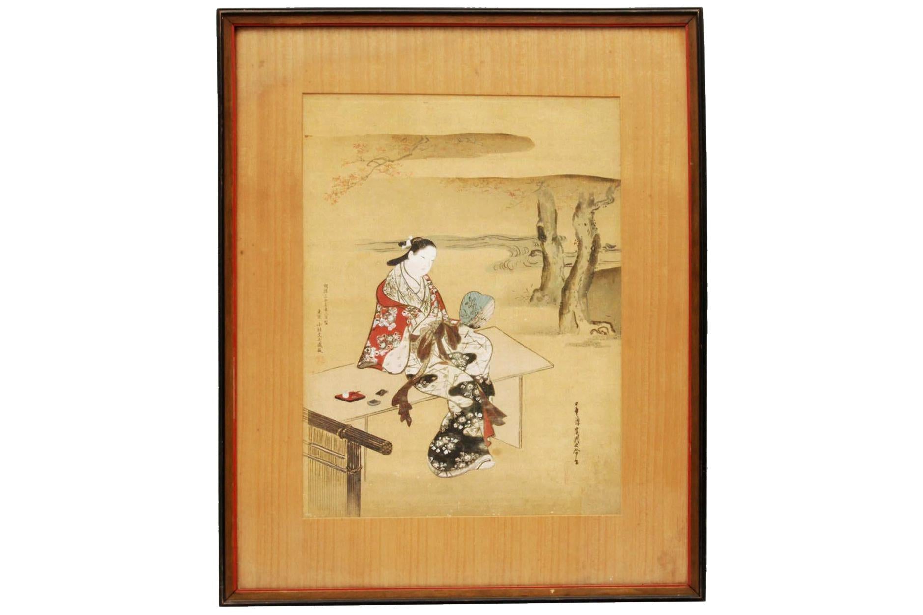 Antique 1900 Japanese Woodblock By Miyagawa Choshun. Printed At The Late Meiji Era By Bunshichi In Tokyo. Matted And Framed, Asian Art