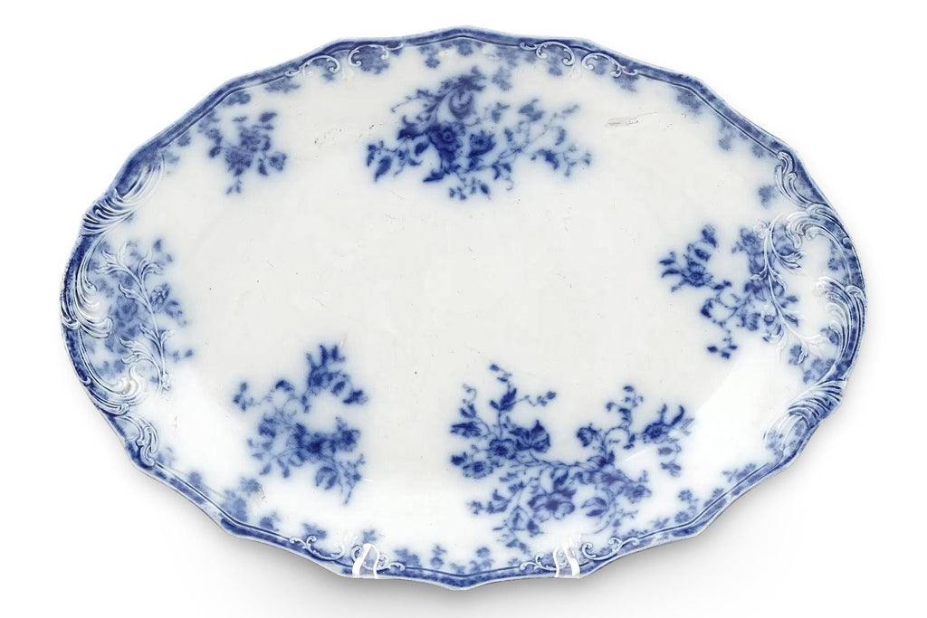 Large Turkey Tray Plate. Antique 19th Century English Bone China Flow Blue Oval Serving Platter Made By W.H. Grindley Of England Circa 1891