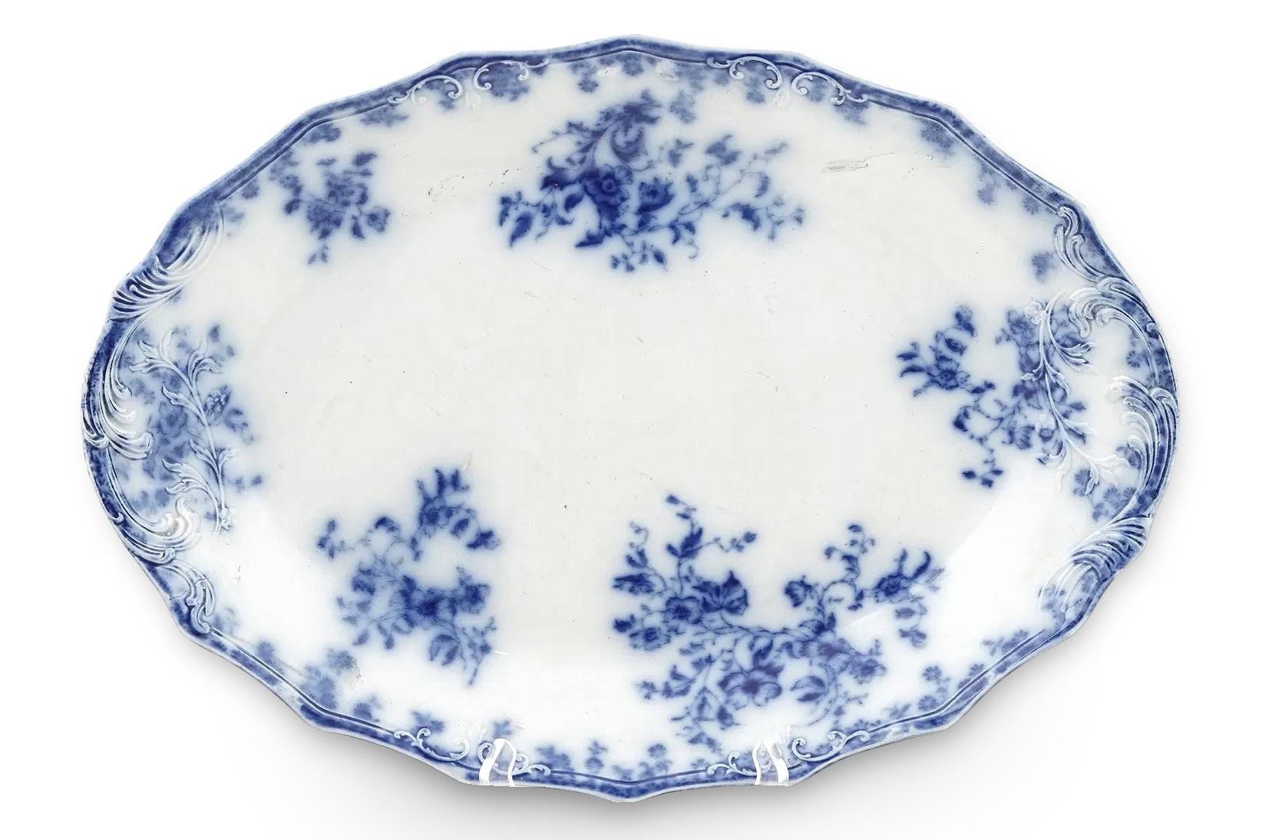 Large Turkey Tray Plate. Antique 19th Century English Bone China Flow Blue Oval Serving Platter Made By W.H. Grindley Of England Circa 1891