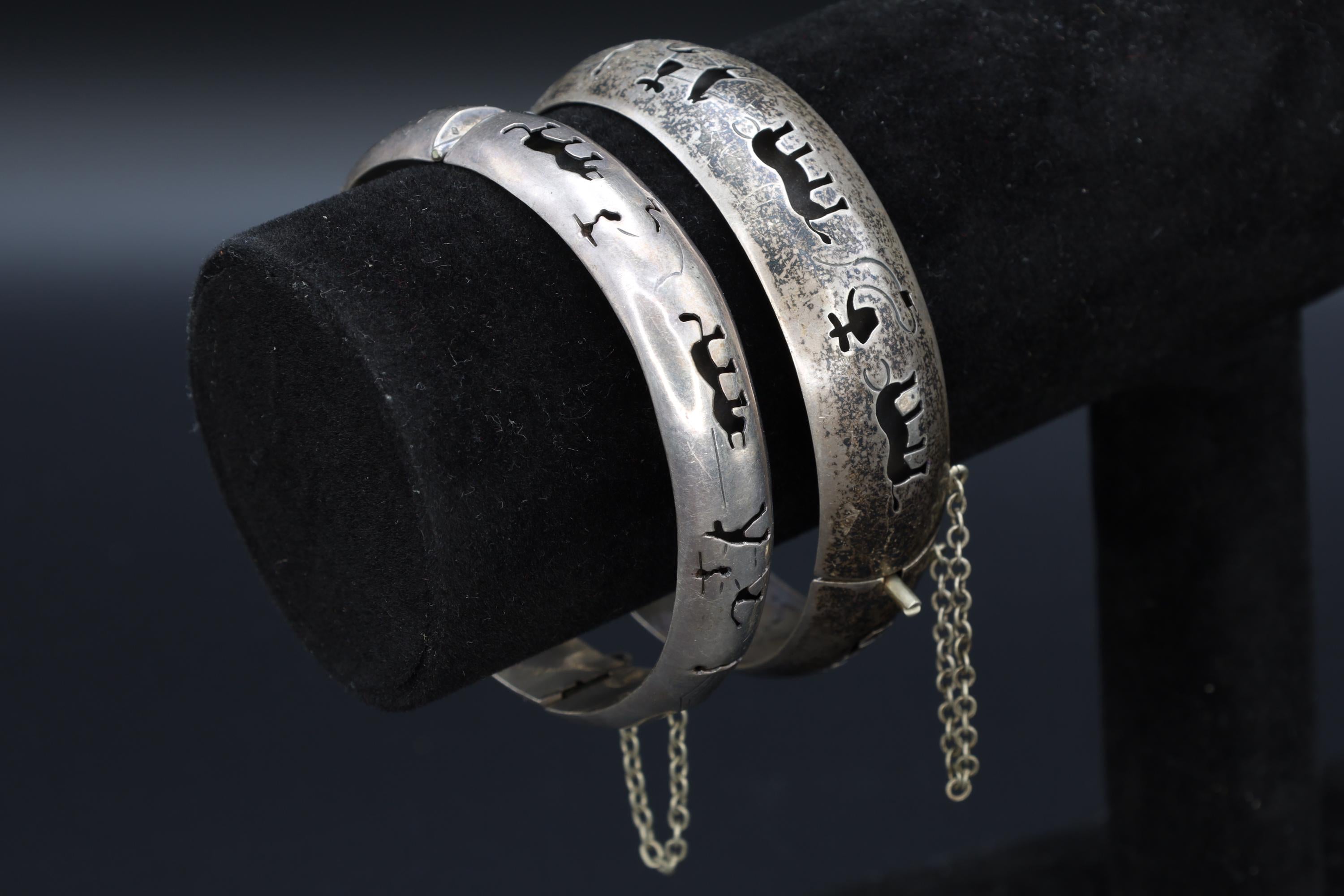 Taxco Mexico, FarFan FF And LCJ Bracelets, A Pair Of Sterling Silver Bangle With Matador Motifs, Bull Fighting, Modernist Jewlery, Art Deco