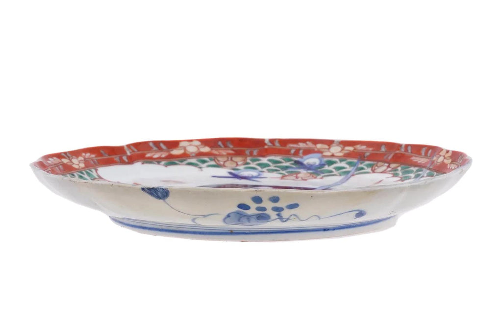 Antique 19th Century Meiji Japan Bowl, An Imari Arita Plate With Calligraphy And Nautical Theme, Porcelain, Blue And White