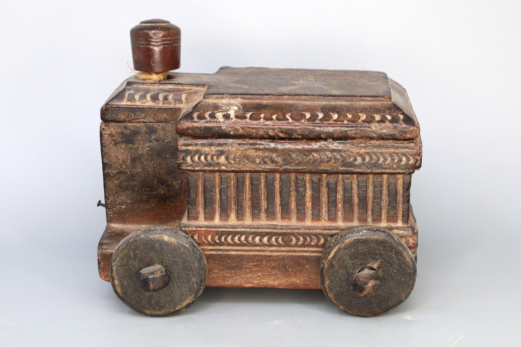 Antique 19th Century Vibhuti Box, Colonial India. Ethnic Rustic Car With Wheels, South Asia Folk Art, Oriental Crafts And Collectibles