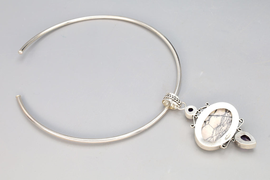 Vintage Collar Torc Necklace With A Multistone Pendant, 925 Sterling Silver, Faceted Amethyst Cabochons, White Jasper Howlite